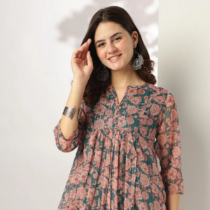 womens-dark-green-chiffon-lurex-floral-printed-a-line-kurta