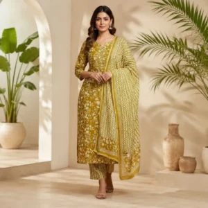 Mustard Bloom Printed Cotton Kurta Pant with Dupatta Set